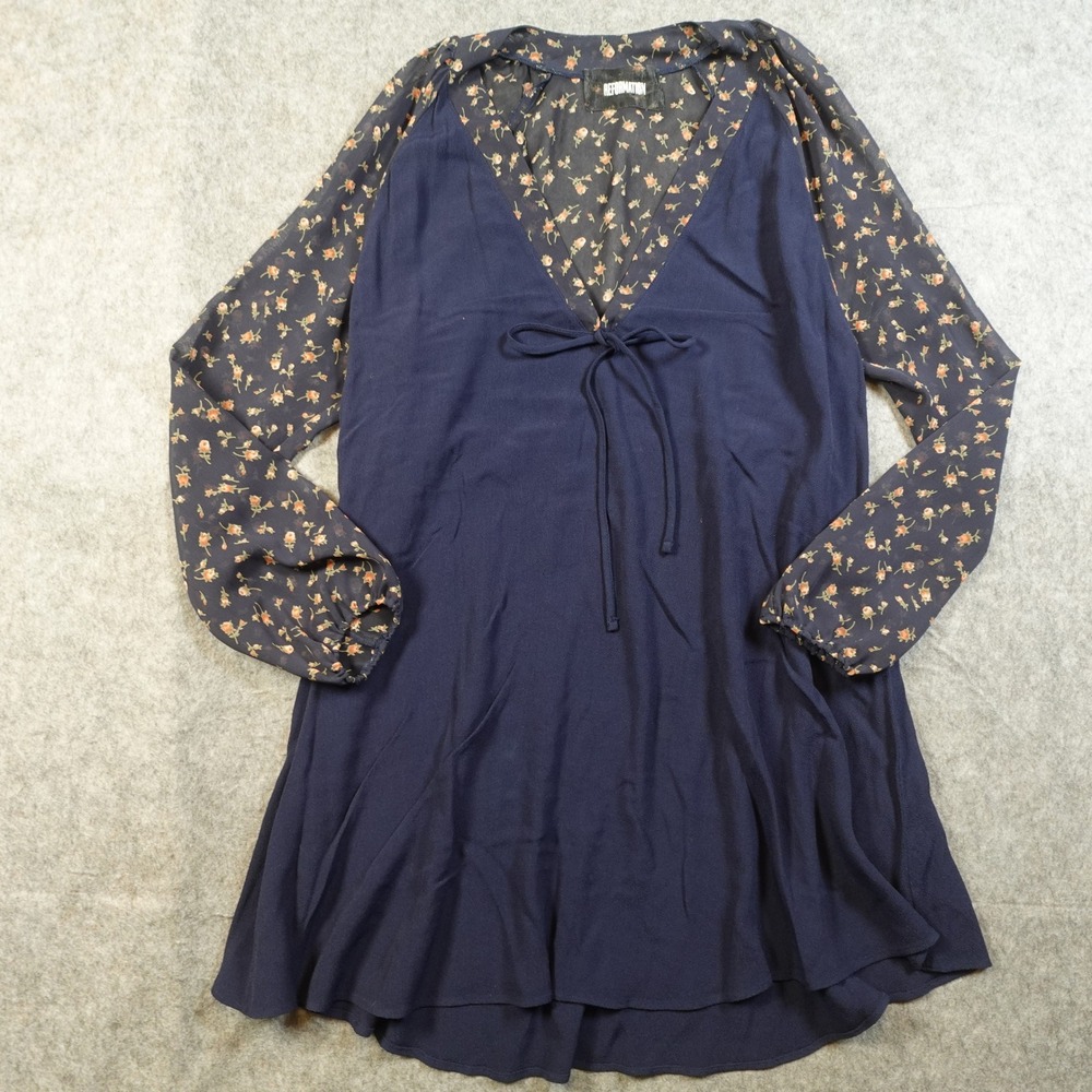 Reformation Dress Womens Medium Blue Sarafina Tunic Mini Floral Sheer Sleeve